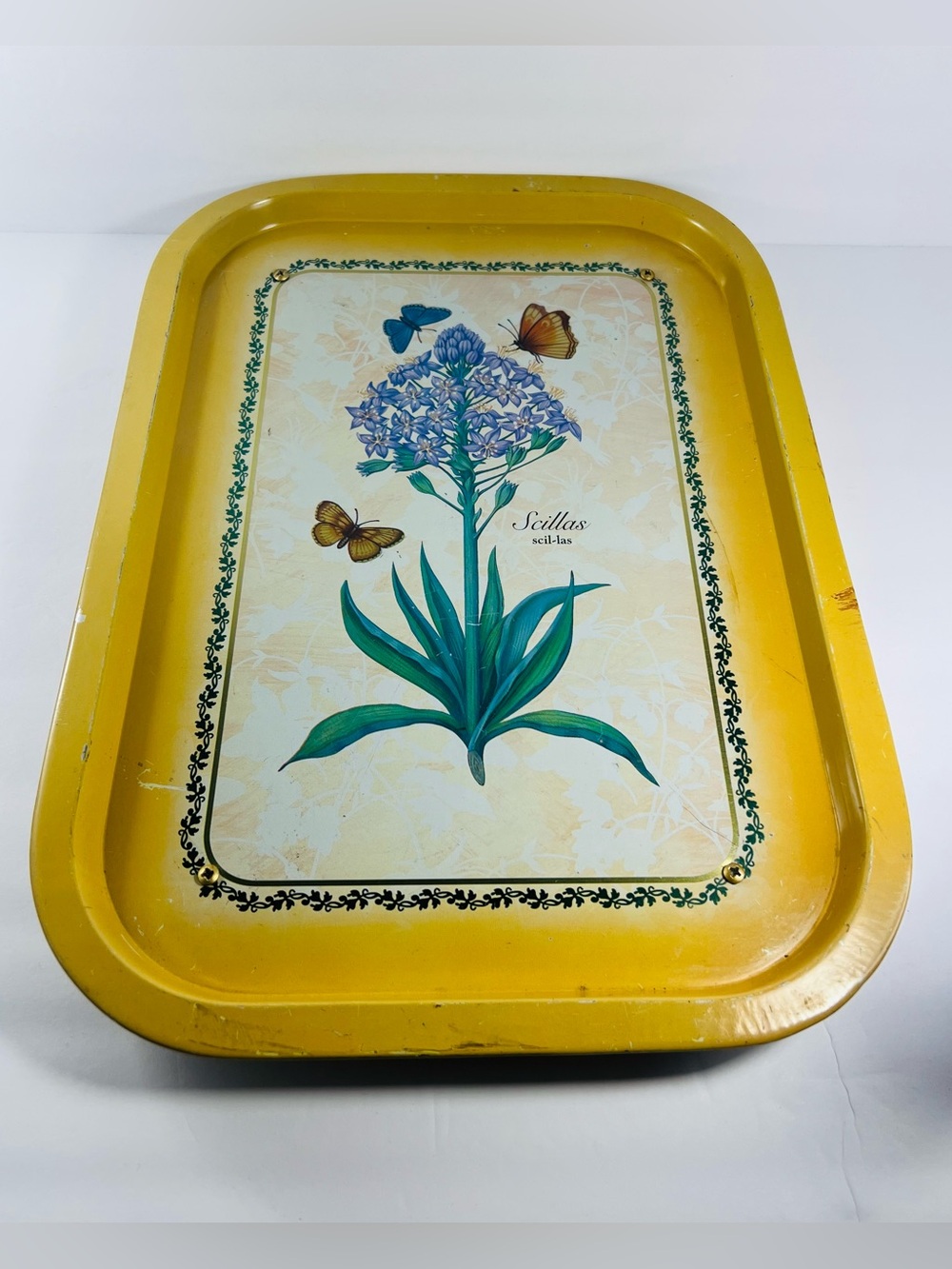 Metal 16” x 11” Scillas & Butterfly Yellow Tray w/Added Wood For Wall Hanging